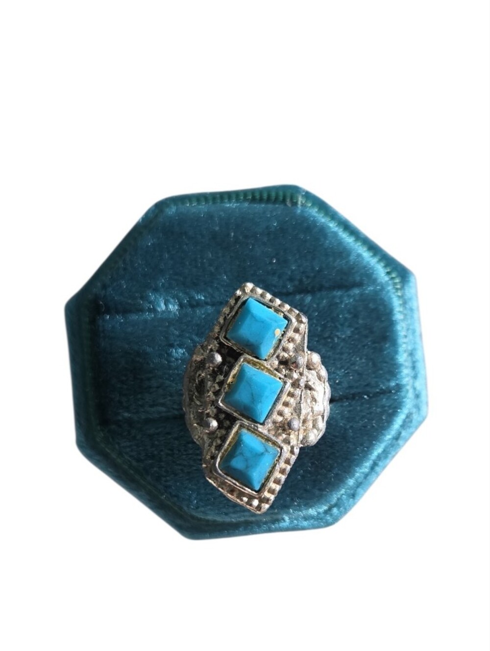 Vintage 5.5 Silver Toned Adjustable Ring with Turquoise Triple Square Stones